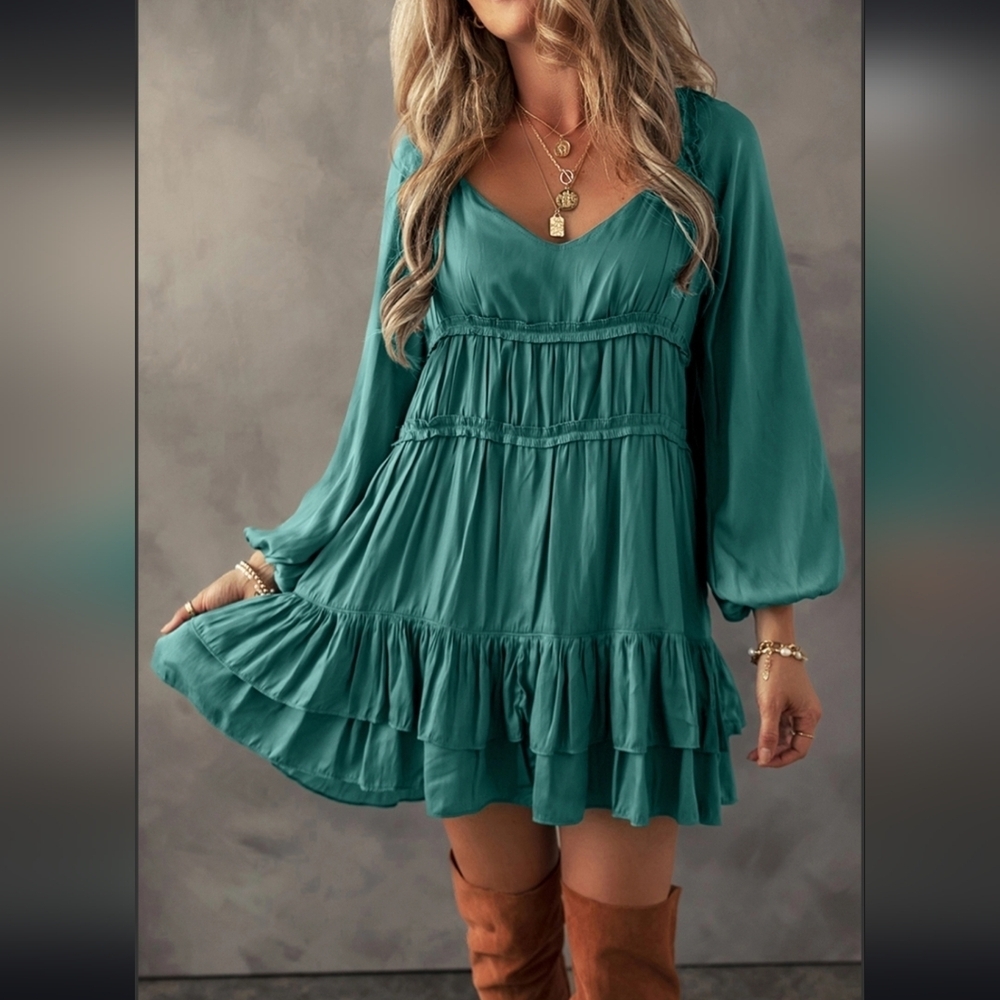 Teal Ruffle Babydoll Mini Dress - Picture 4 of 6